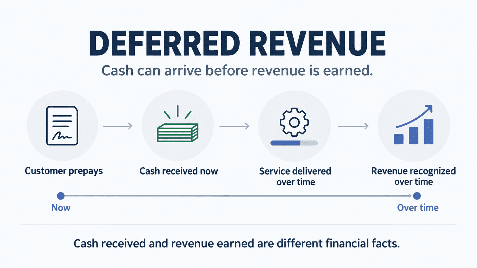 Conceptual timeline from customer prepayment and cash received to service delivery and revenue recognition over time
