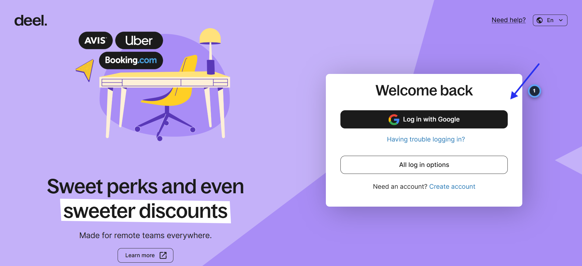 Deel login page showing Welcome back with Log in with Google button