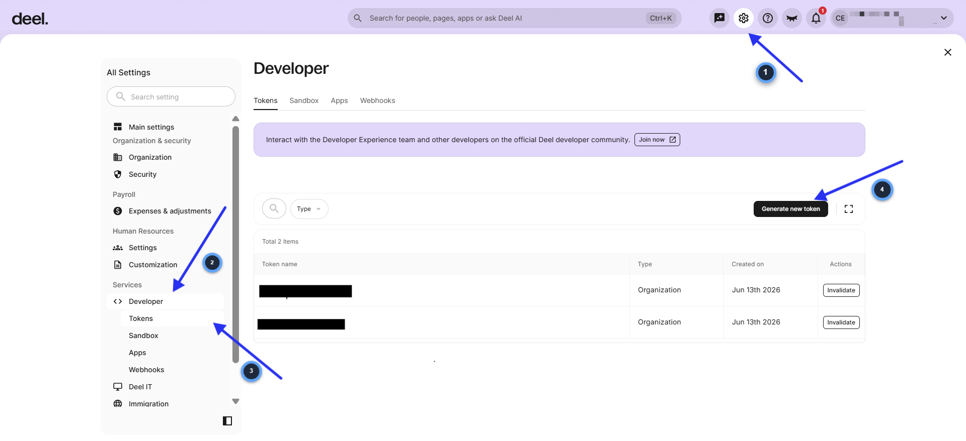 Deel Settings Developer page showing Tokens tab with Generate new token button
