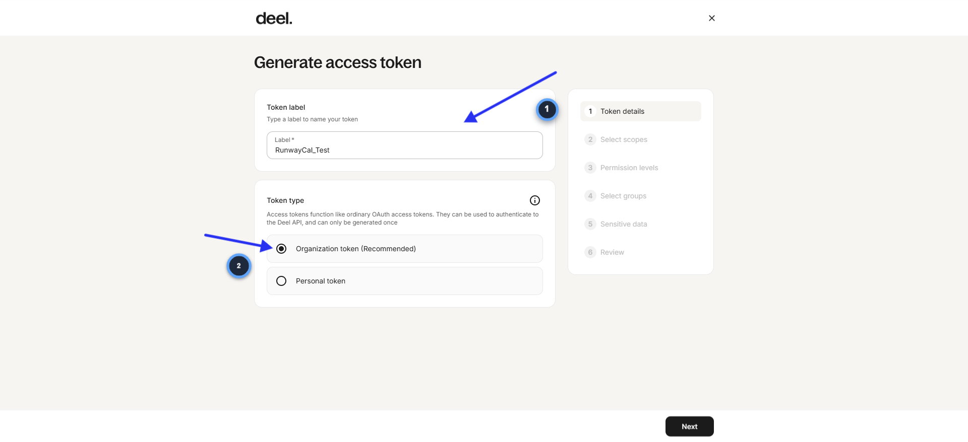 Deel Generate access token page showing Token label field with RunwayCal and Organization token selected