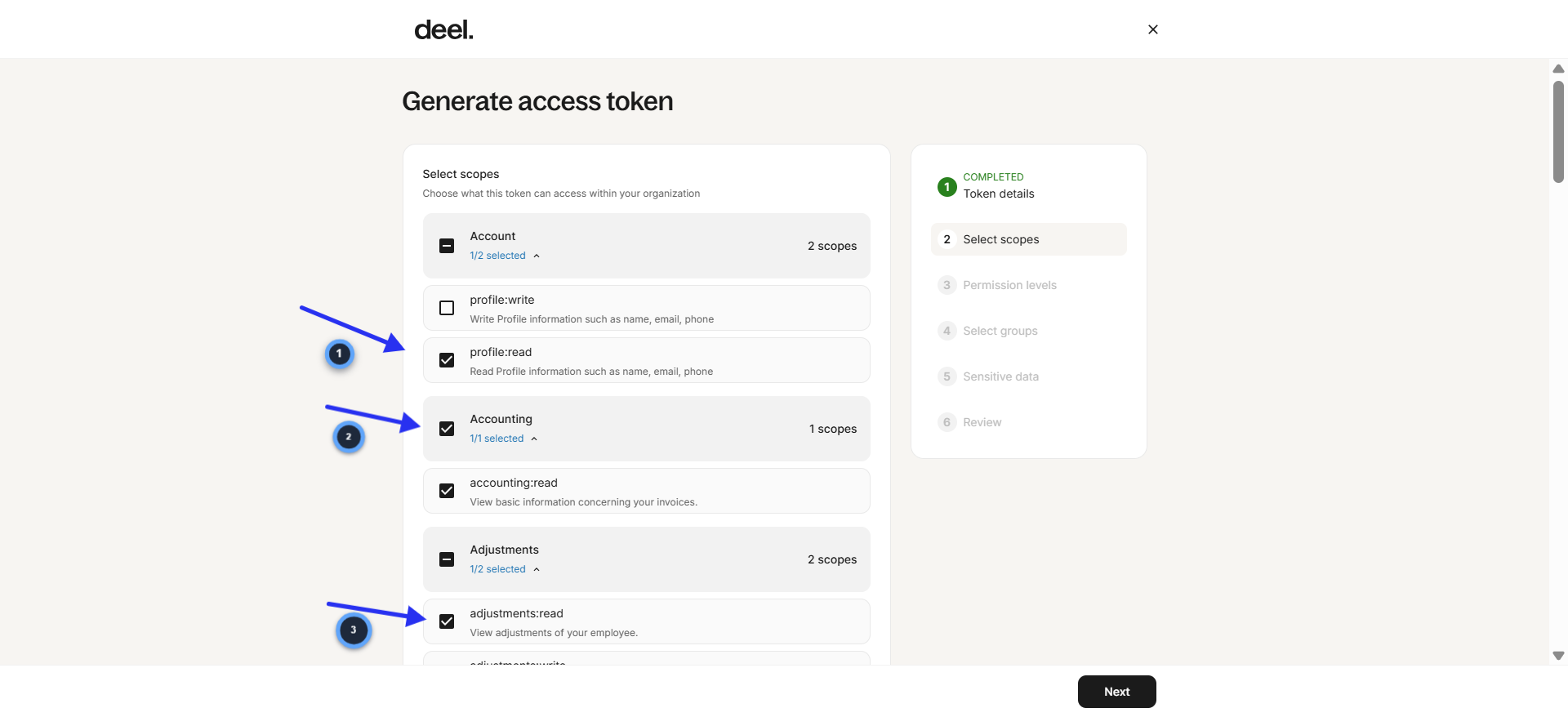 Deel scope selection showing profile:read Accounting and adjustments:read checked