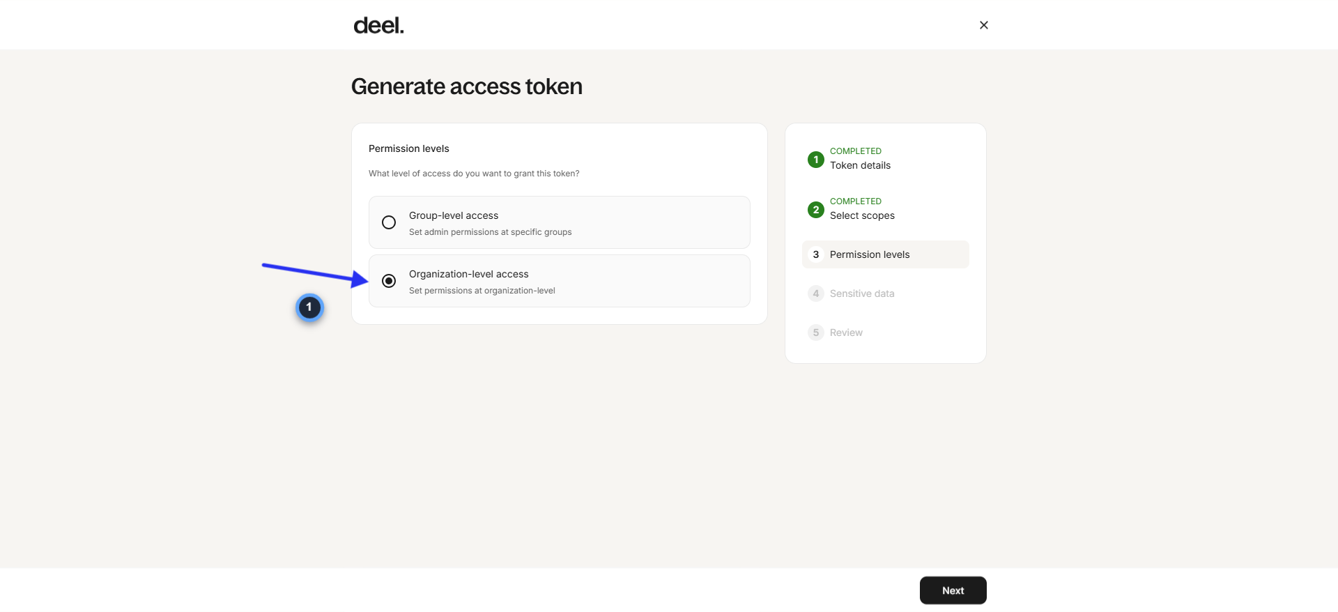 Deel permission levels showing Organization-level access selected