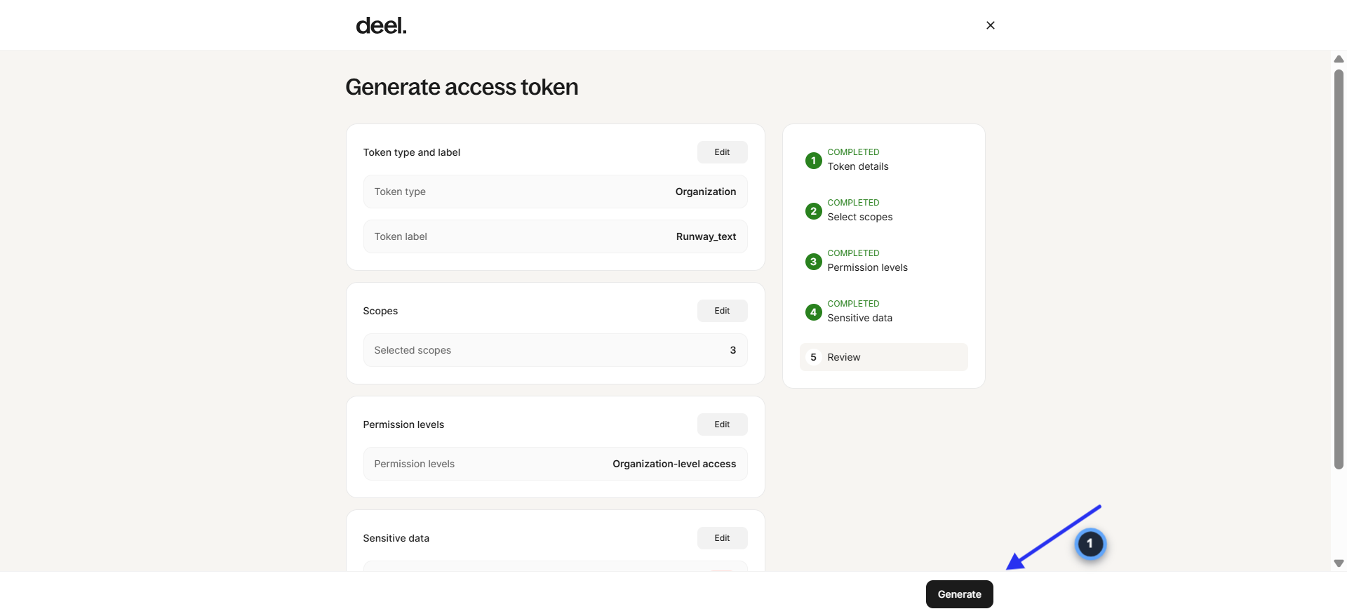 Deel review page showing all completed steps with Generate button