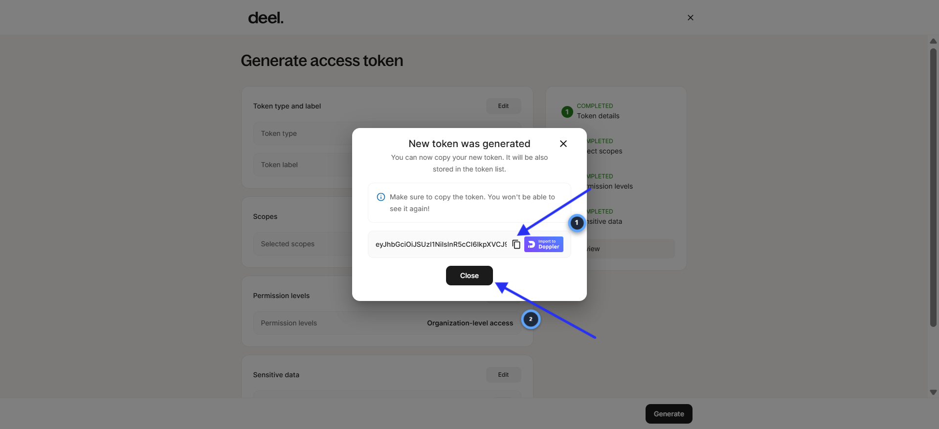 Deel New token was generated modal showing token value with copy button