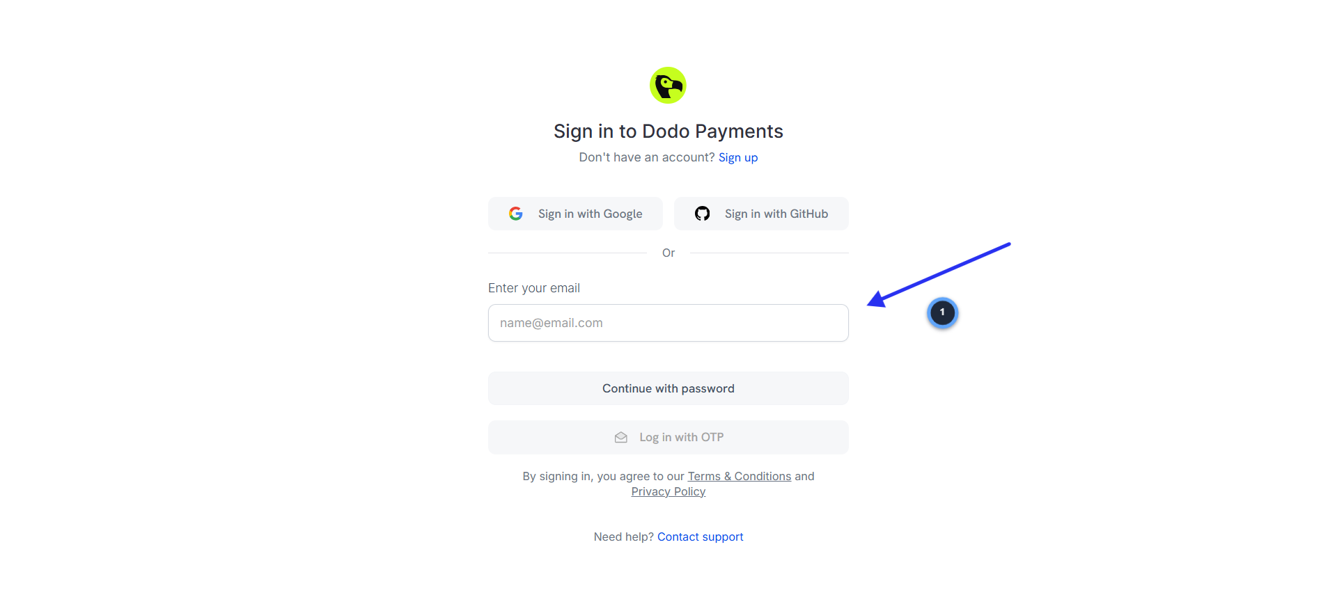 Dodo Payments login page showing Sign in with Google and email options