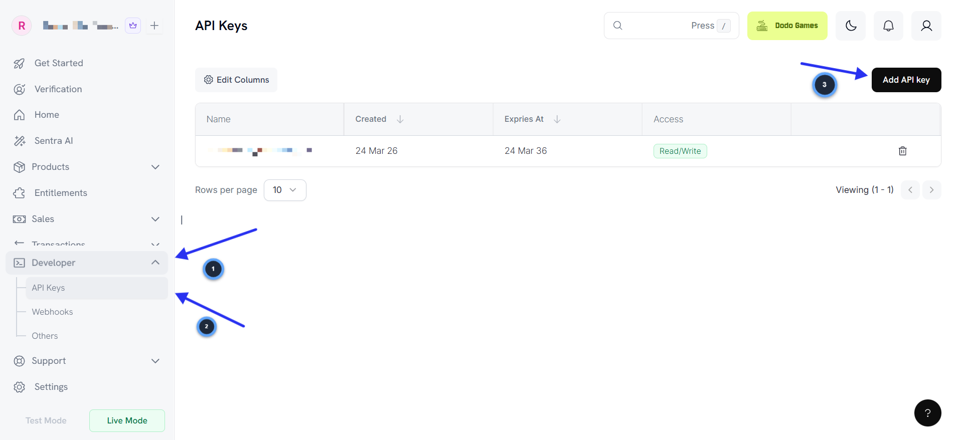 Dodo Payments dashboard showing Developer sidebar expanded with API Keys page and Add API key button