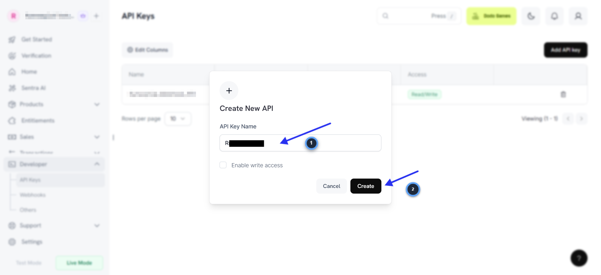 Dodo Payments Create New API modal with API Key Name field and Create button