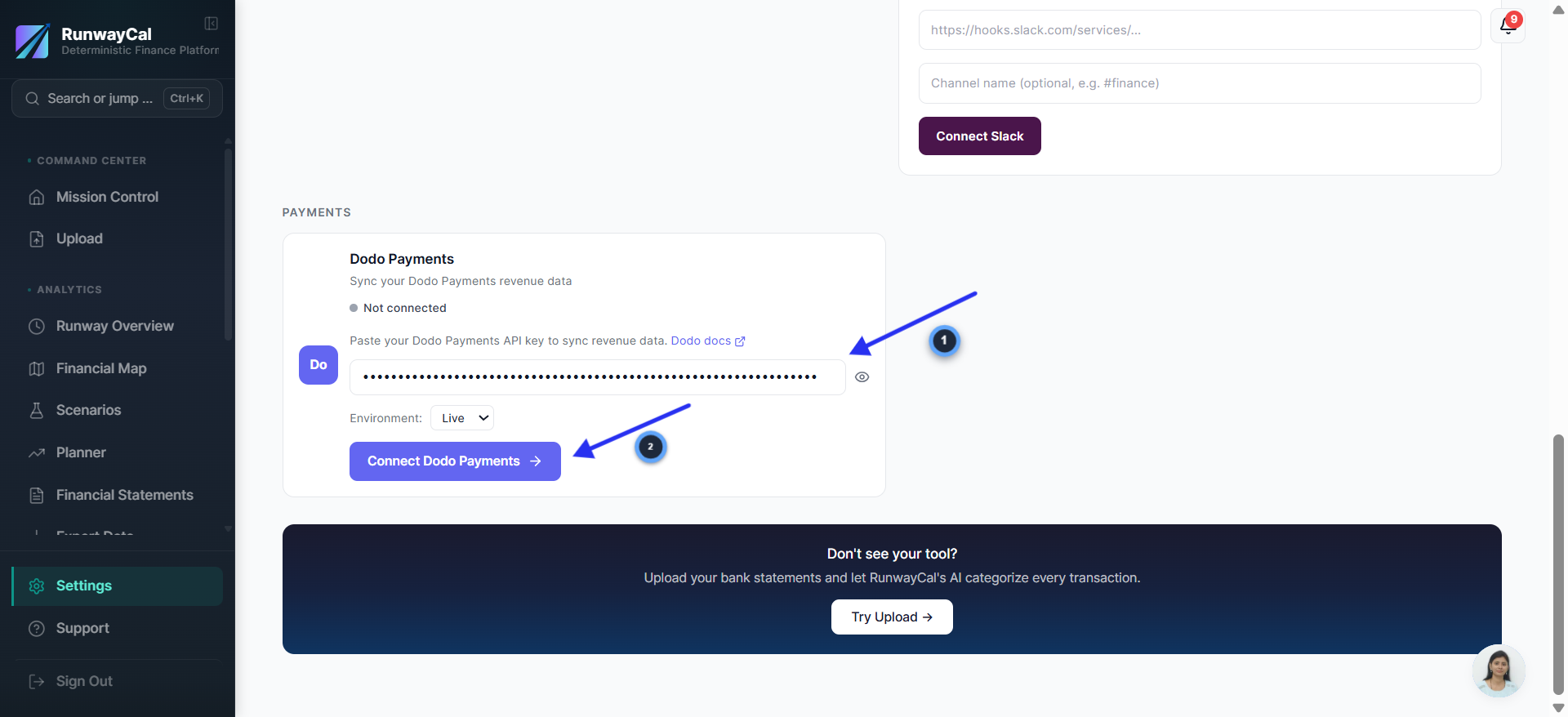 RunwayCal Settings showing Dodo Payments card with API key pasted and Live environment selected