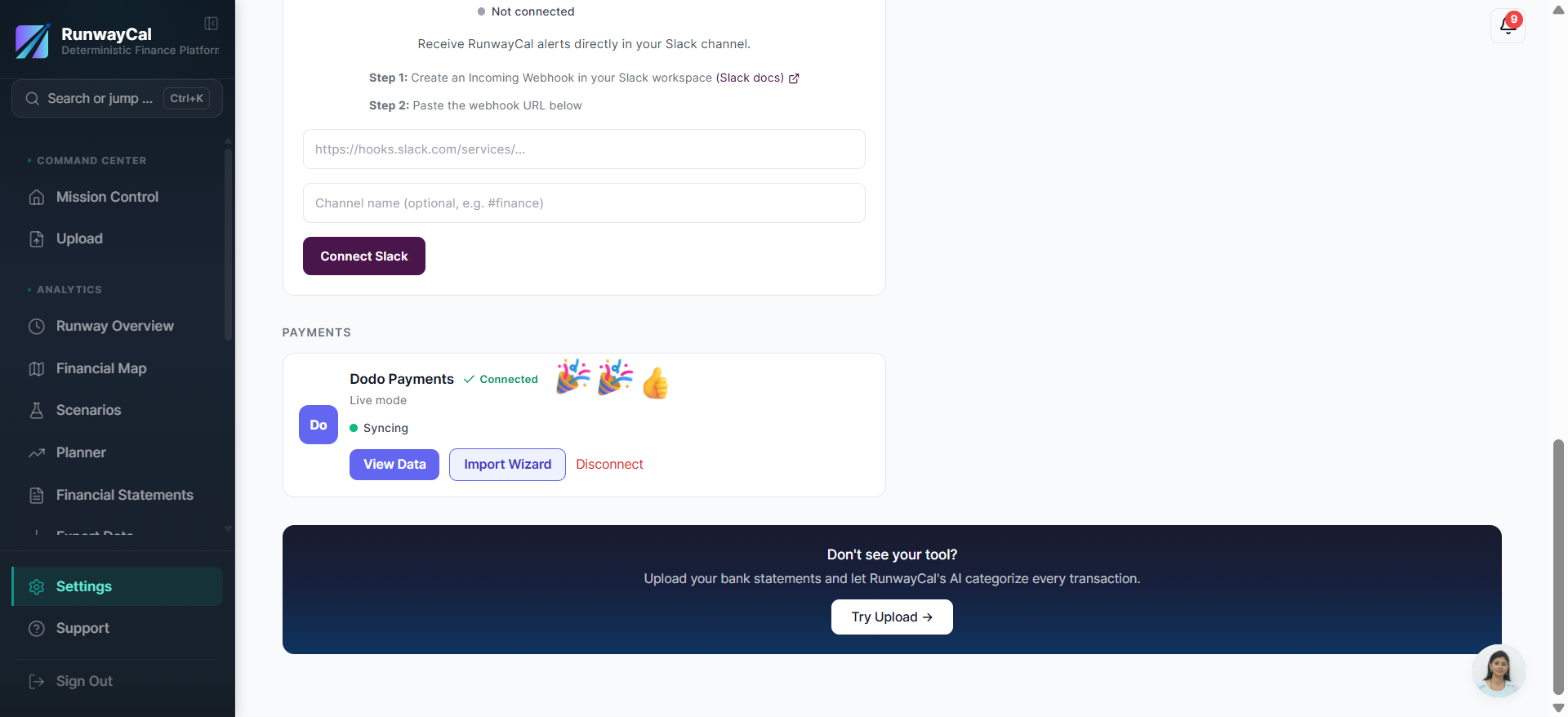 RunwayCal Settings showing Dodo Payments card with green Connected badge Live mode and Syncing