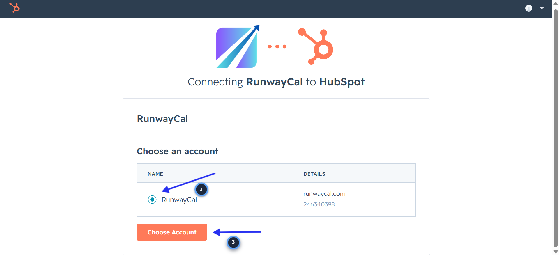 HubSpot account selection screen showing Connecting RunwayCal to HubSpot with Choose Account button
