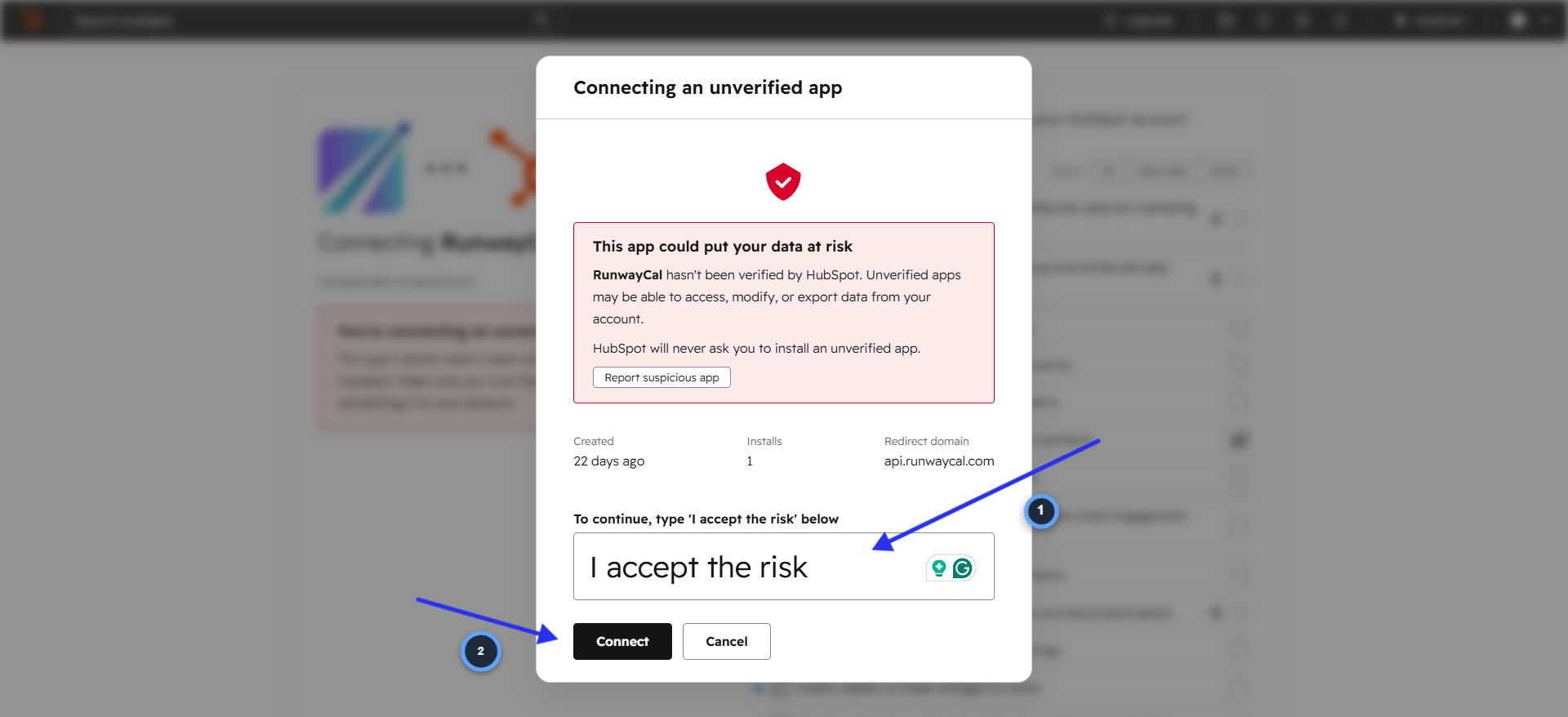 HubSpot unverified app warning with I accept the risk text field and Connect button