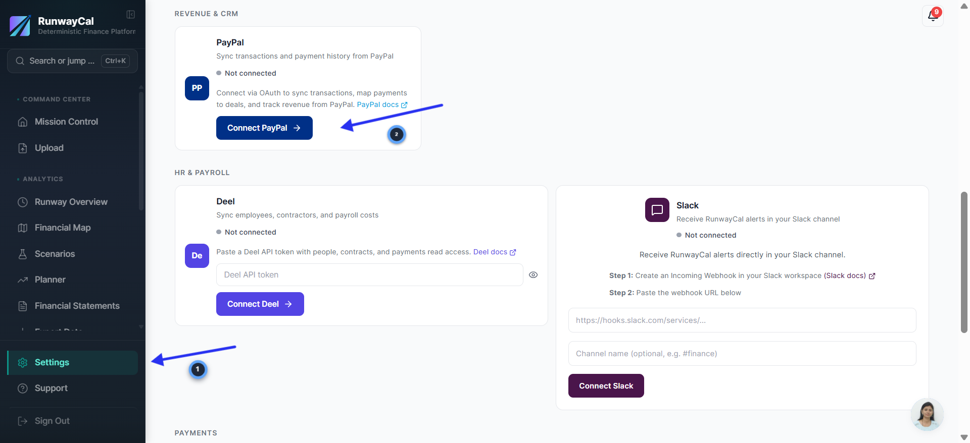 RunwayCal Settings Integrations tab showing PayPal card with Connect PayPal button