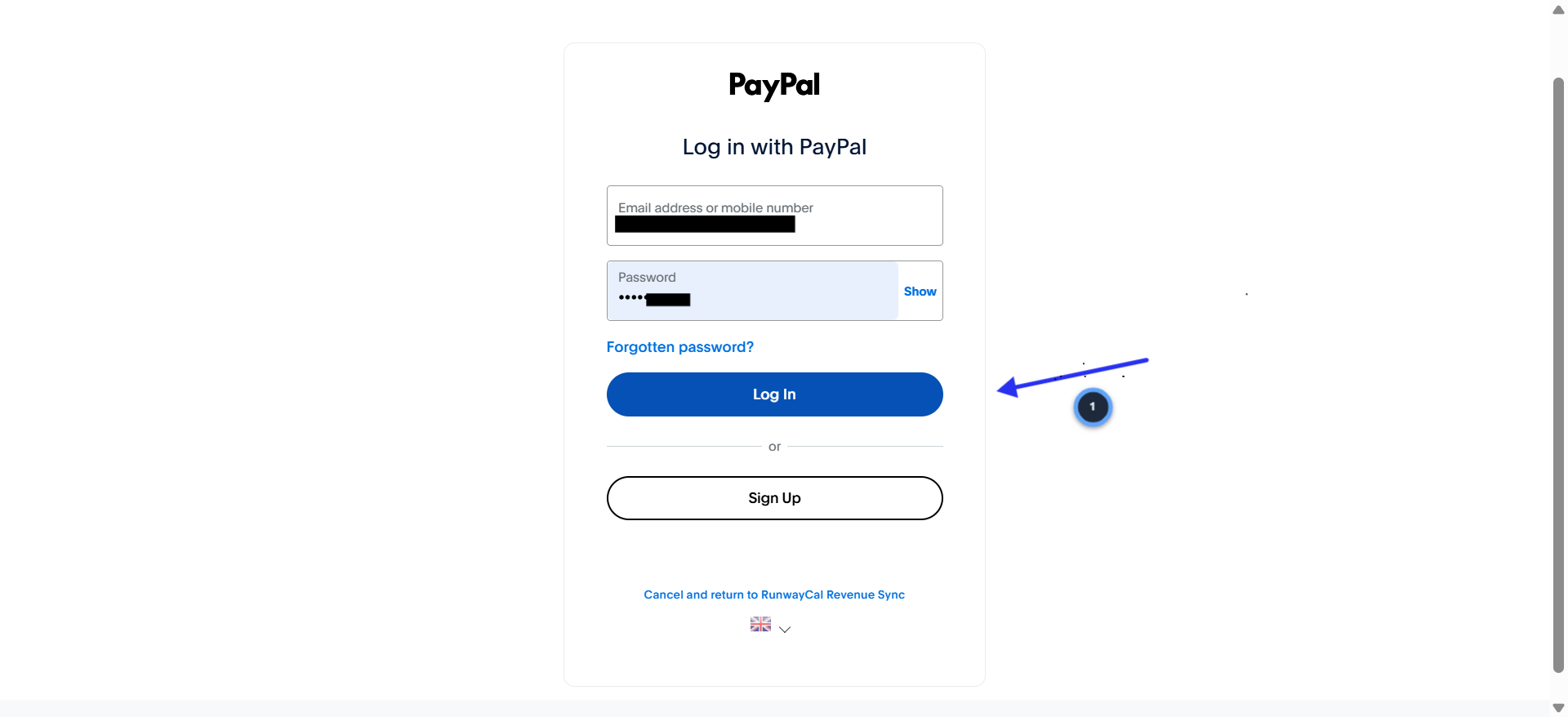 PayPal login page showing email and password fields with Log In button