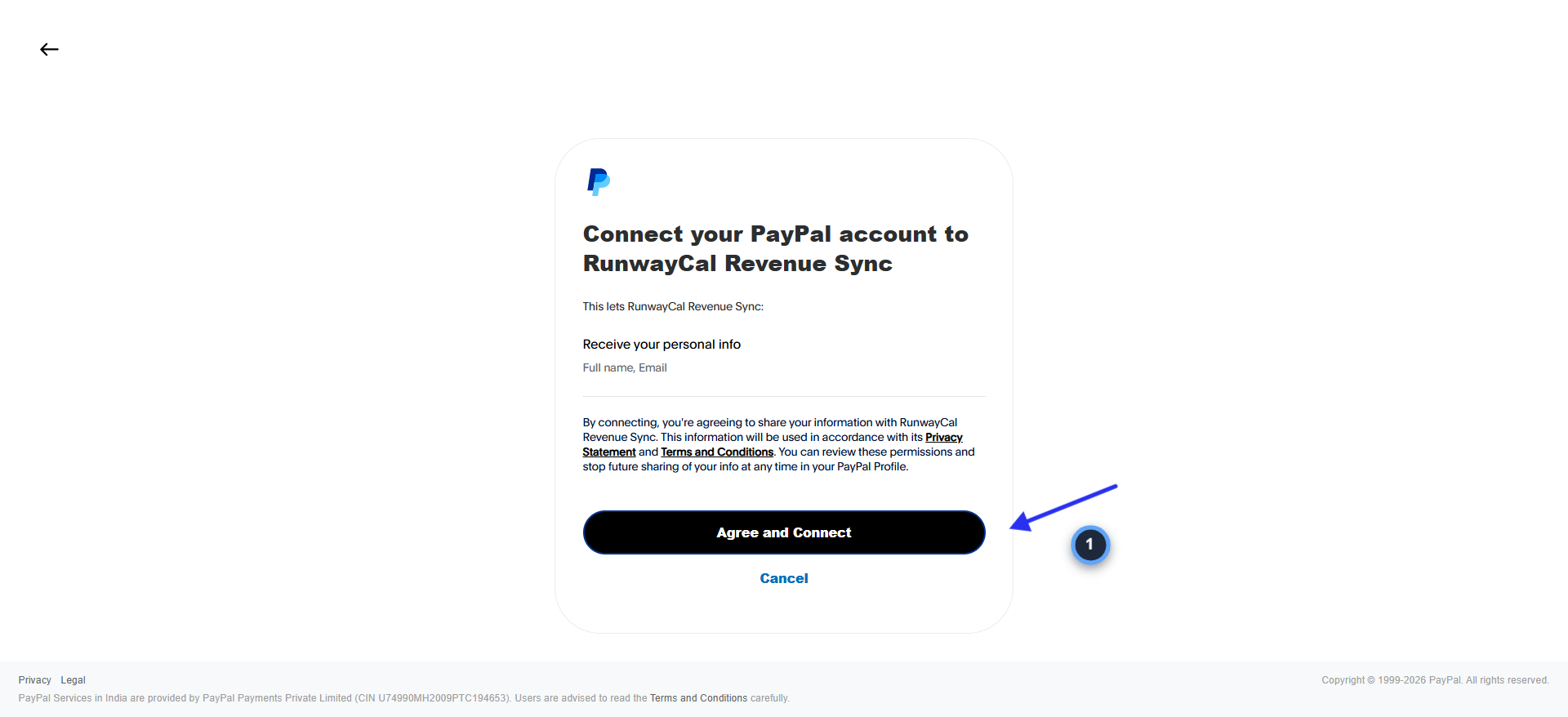 PayPal consent screen showing Connect your PayPal account to RunwayCal Revenue Sync with Agree and Connect button