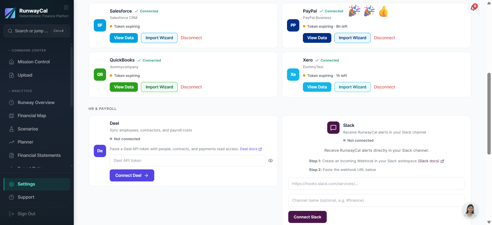 RunwayCal Settings showing PayPal card with green Connected badge and PayPal Business label