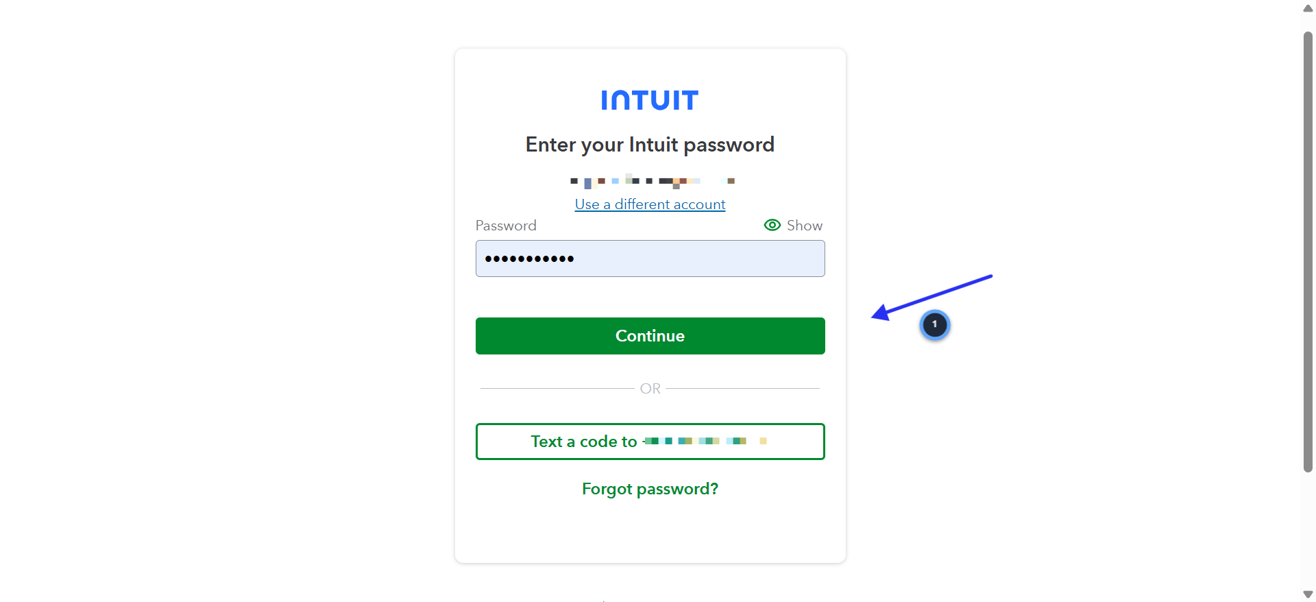 Intuit login page showing password field and Continue button
