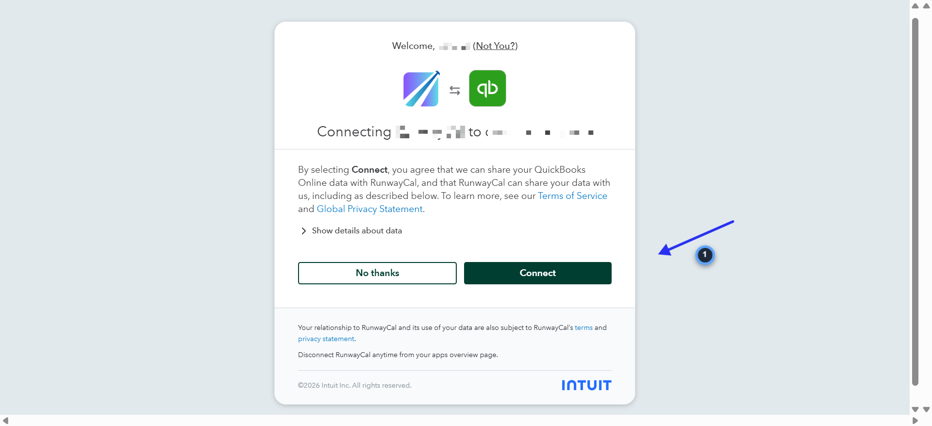 QuickBooks authorization screen showing RunwayCal connecting to QuickBooks with Connect button