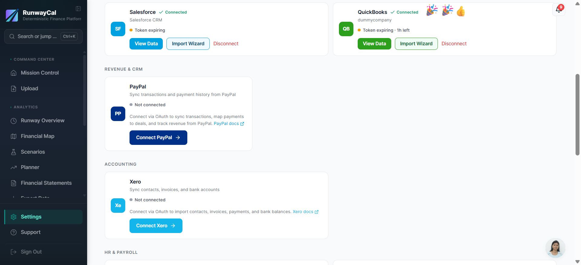 RunwayCal Settings showing QuickBooks card with green Connected badge and company name