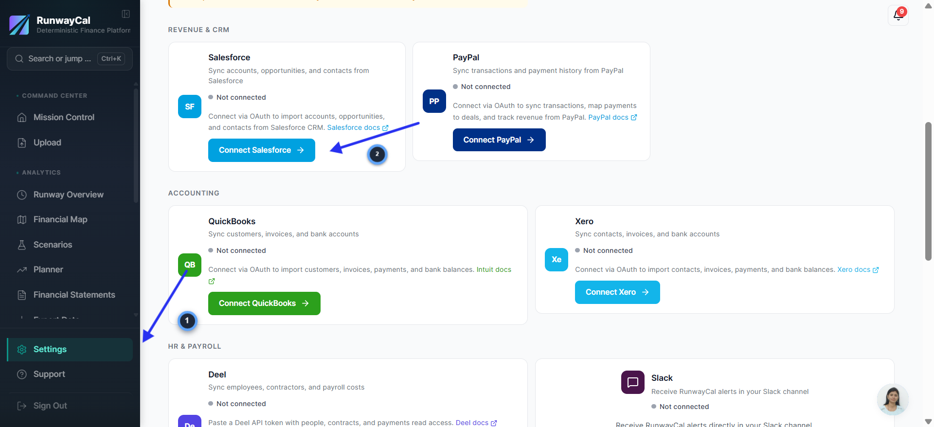 RunwayCal Settings showing Salesforce card with Connect button