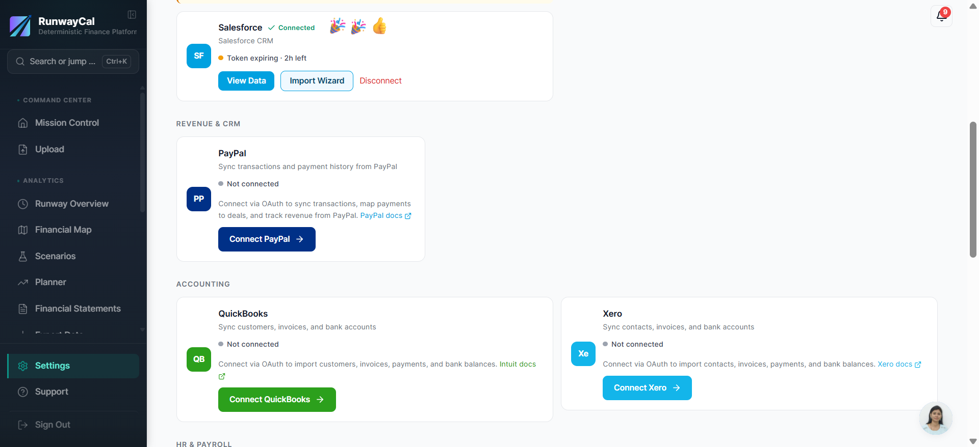 Salesforce card showing green Connected badge