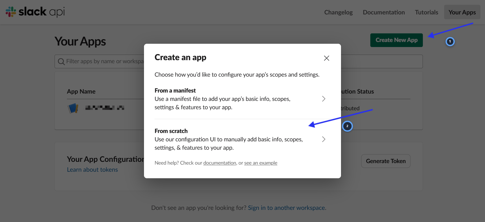 Slack API page showing Create New App button with From scratch option