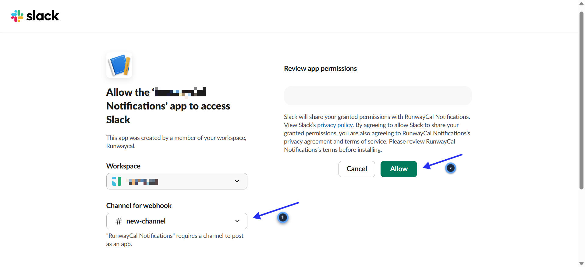 Slack channel selector showing workspace and channel dropdown with Allow button