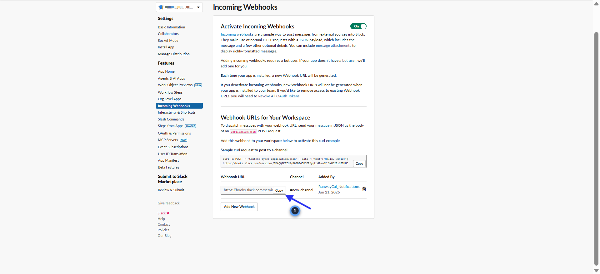 Slack Incoming Webhooks page showing webhook URL with Copy button