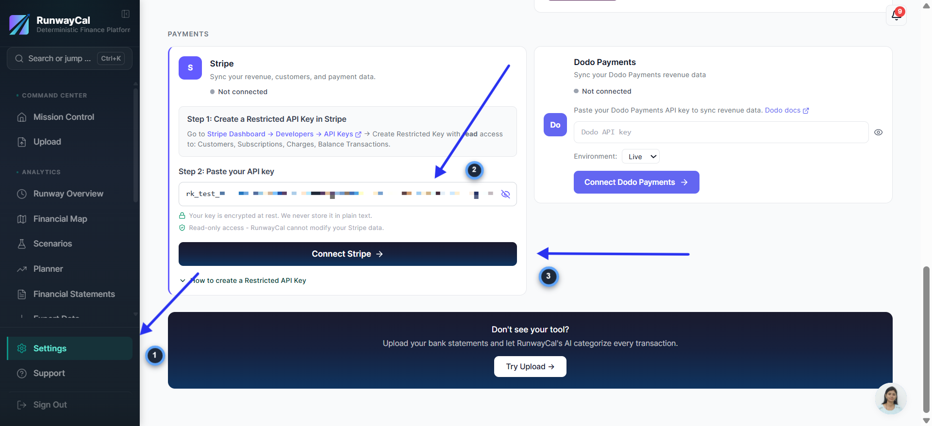 RunwayCal Settings Integrations tab showing Stripe card with API key field