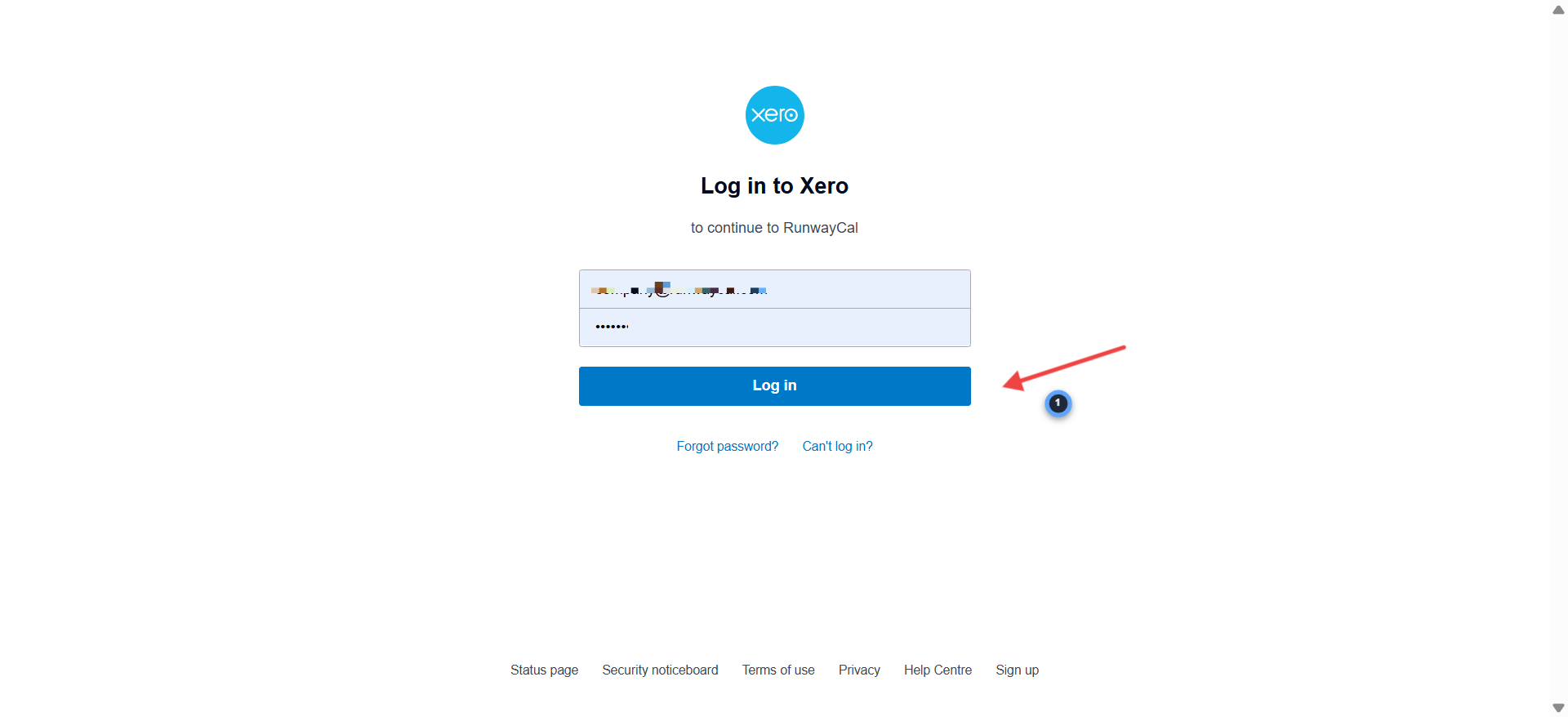 Xero login page showing Log in to Xero to continue to RunwayCal